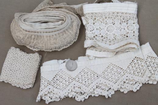 antique & vintage sewing trim lot - cluny laces, crochet lace edgings, lampshade fringe