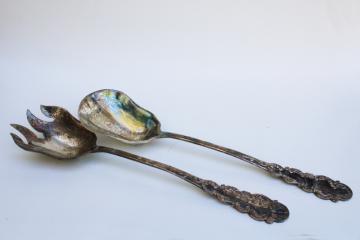 antique vintage silver on copper ornate silverplate salad spoon and fork serving utensils