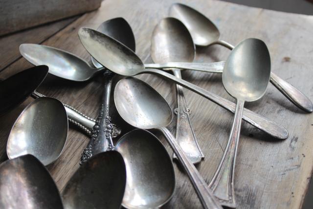antique vintage silver plate flatware, 20 mismatched serving spoons, heavy ornate patterns