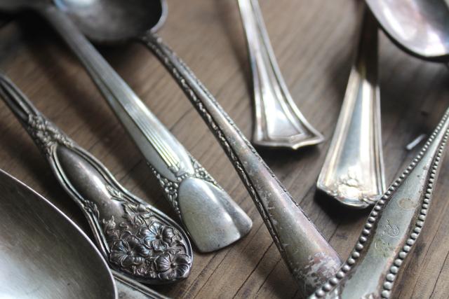 antique vintage silver plate flatware, 20 mismatched serving spoons, heavy ornate patterns