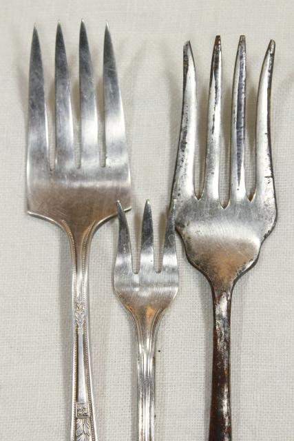 antique vintage silver plate flatware, pickle olive cocktail forks, serving pieces lot