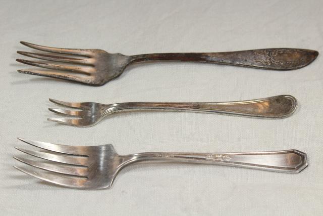 antique vintage silver plate flatware, pickle olive cocktail forks, serving pieces lot