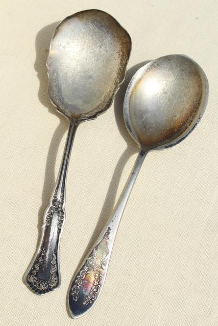 antique vintage silver plate flatware serving berry spoons, scoop shape bowl spoon collection