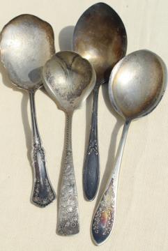 antique vintage silver plate flatware serving berry spoons, scoop shape bowl spoon collection