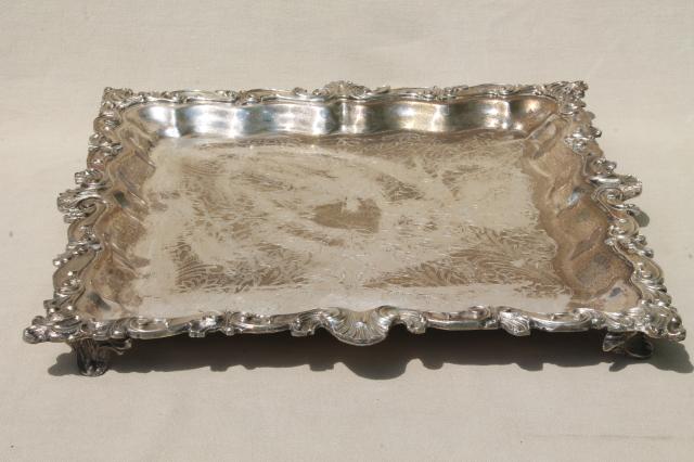 antique vintage silver plate footed tray, large square serving platter in silver over copper