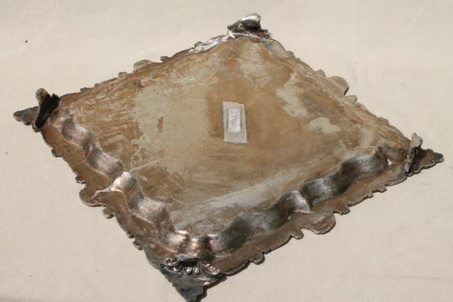 antique vintage silver plate footed tray, large square serving platter in silver over copper