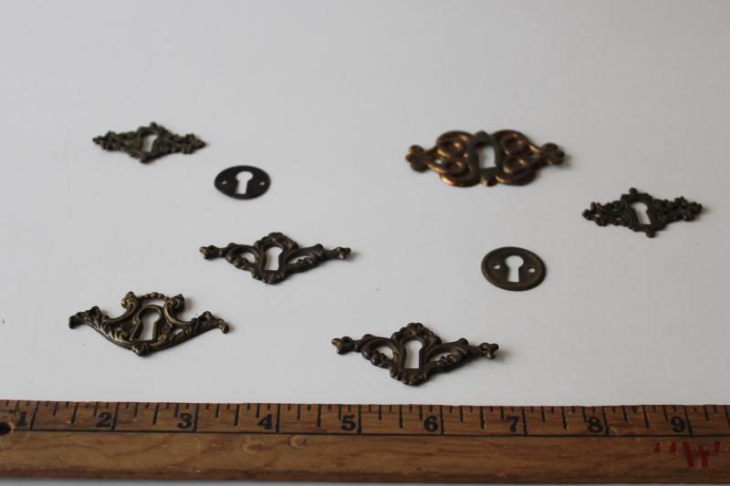 antique vintage solid brass hardware, lot of mixed escutcheons ornate keyholes