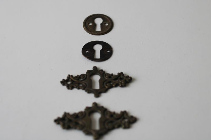 antique vintage solid brass hardware, lot of mixed escutcheons ornate keyholes
