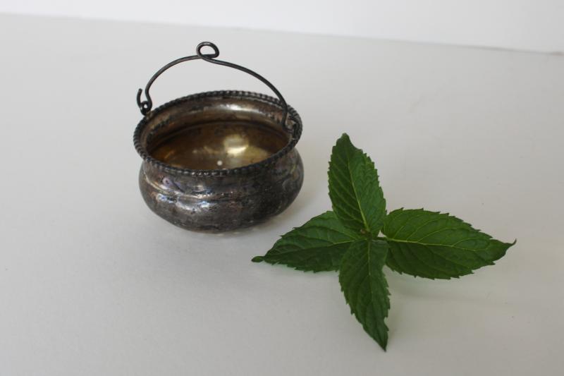 antique vintage sterling silver tea strainer, tiny cauldron shaped basket