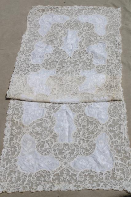 antique vintage tambour embroidered net lace table runner w/ cotton fabric embroidery insets