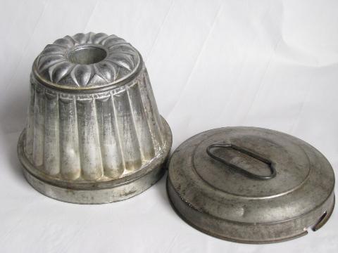 antique vintage tin pudding mold w/ cover #2, for steamed plum puddings