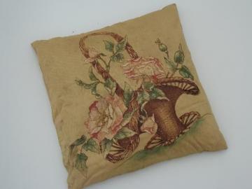 antique vintage tinted embroidery pillow, basket of pink cabbage roses