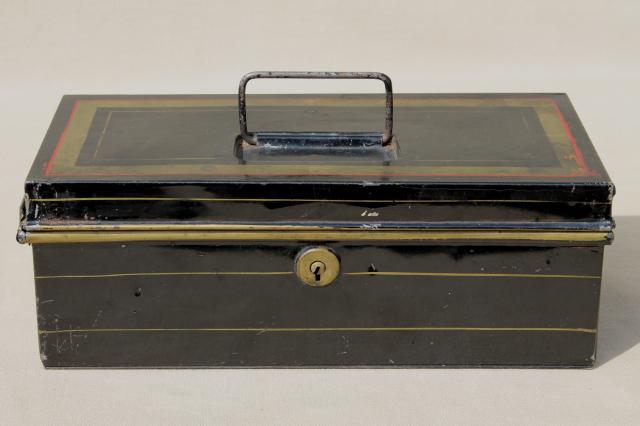 antique vintage tole metal deed / document box, old black & gold toleware lock box