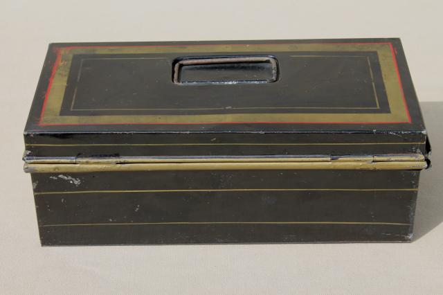 antique vintage tole metal deed / document box, old black & gold toleware lock box