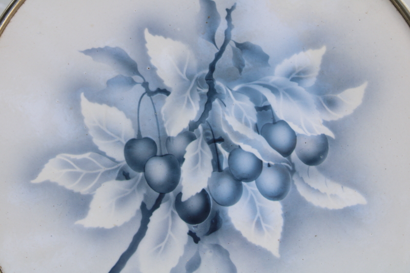 antique vintage tray German silver metal frame w/ blue  white cherries stencil painted ceramic