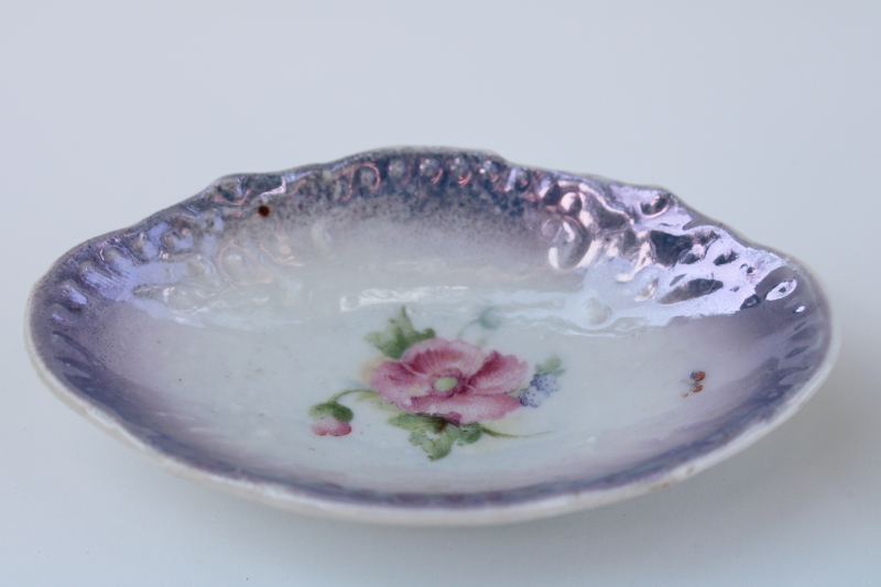 antique vintage violet luster china salt dip dishes, set of four tiny salt cellars