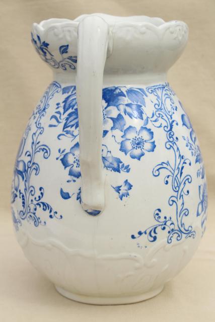 antique vintage wash stand water pitcher, blue & white china transferware floral print