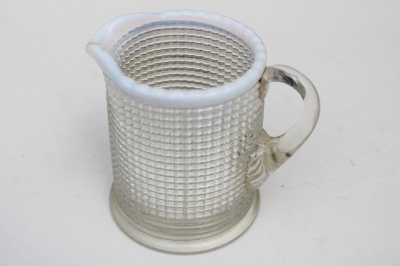 antique vintage white opalescent glass cream pitcher, waffle pattern glass