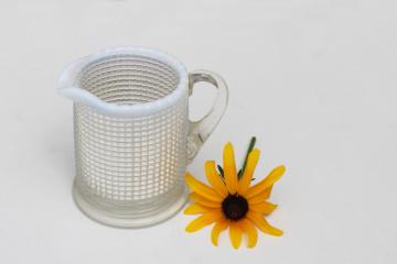 antique vintage white opalescent glass cream pitcher, waffle pattern glass