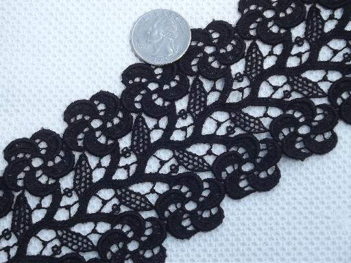 antique vintage wide black lace insertion sewing trim, rayon or silk?