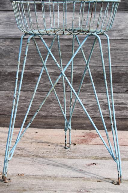 antique vintage wire basket laundry stand or general store shop display w/ shabby old robins egg blue paint