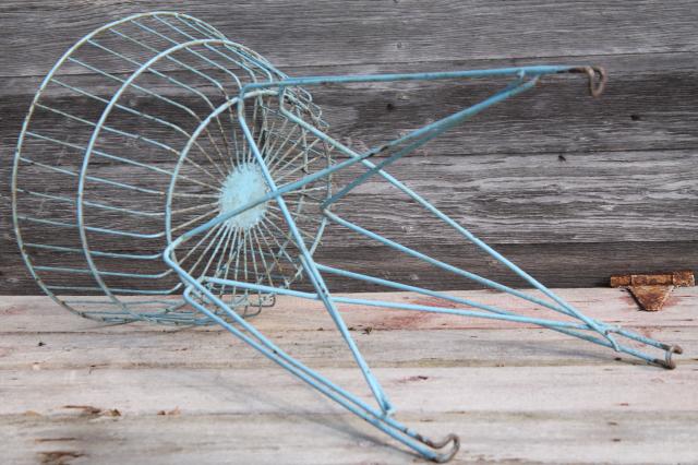 antique vintage wire basket laundry stand or general store shop display w/ shabby old robins egg blue paint