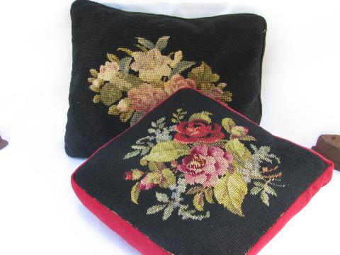 antique vintage wool needlepoint sofa cushions throw pillows, floral on black
