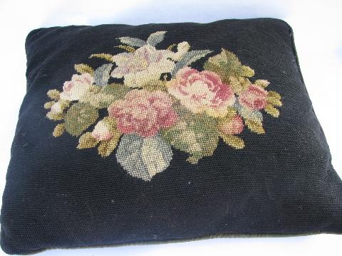 antique vintage wool needlepoint sofa cushions throw pillows, floral on black