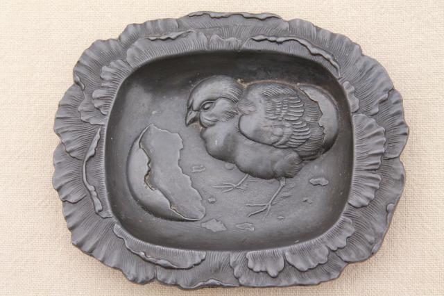 antique vintage cast metal pewter tray or pin dish, embossed baby chick & egg