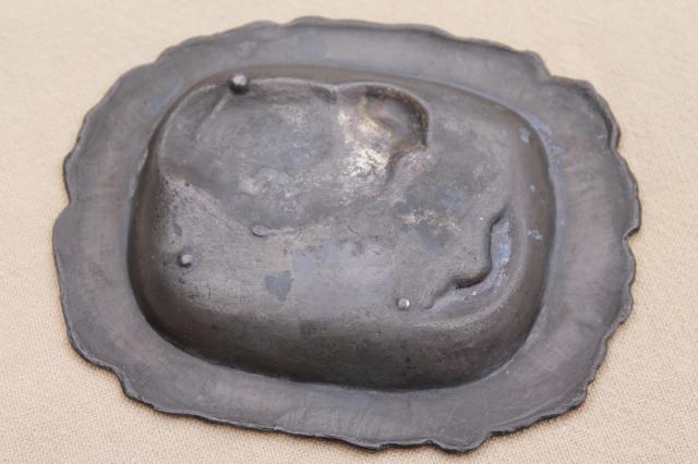 antique vintage cast metal pewter tray or pin dish, embossed baby chick & egg
