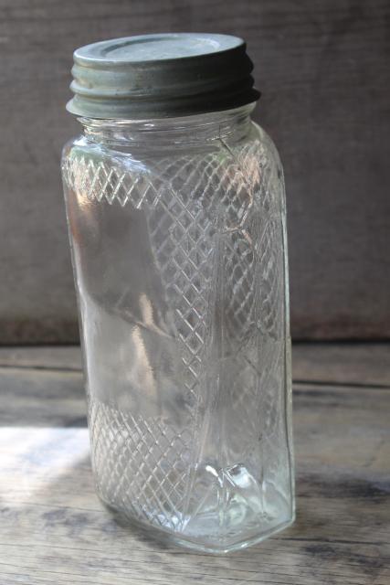 antique waffle pattern glass canister hoosier jar, flattened shape quart jar