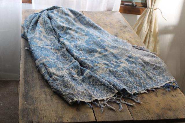 antique wedding gift, shawl fringe bedspread or curtain panel, blue & white vintage fabric