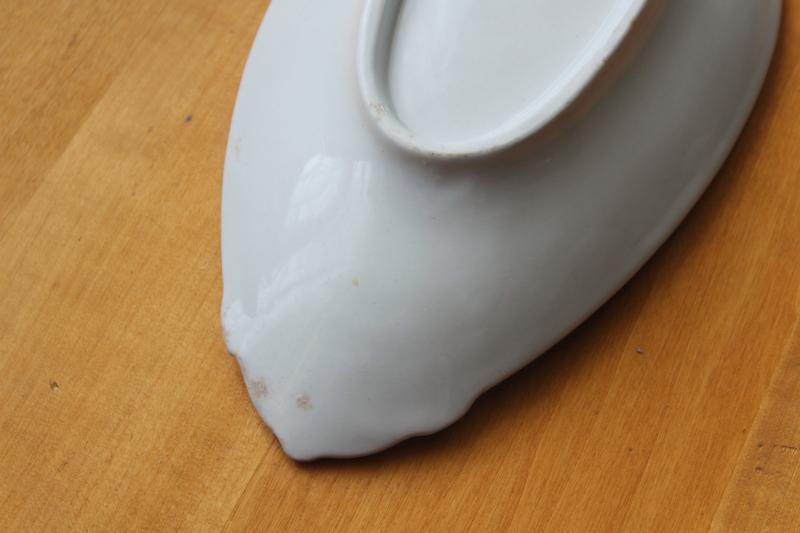 antique white ironstone china bowl, eggplant shaped dish w/ embossed ribbon