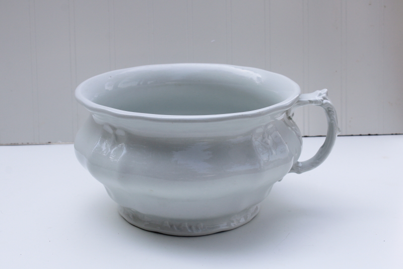 antique white ironstone china chamber pot w/ embossed acanthus leaf, Johnson Bros England Royal Arms mark