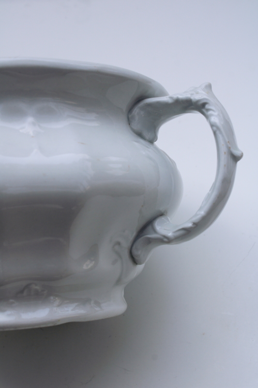 antique white ironstone china chamber pot w/ embossed acanthus leaf, Johnson Bros England Royal Arms mark