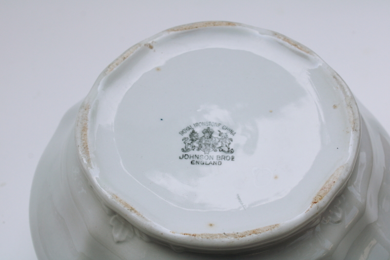 antique white ironstone china chamber pot w/ embossed acanthus leaf, Johnson Bros England Royal Arms mark