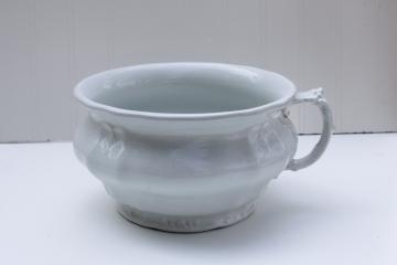 antique white ironstone china chamber pot w/ embossed acanthus leaf, Johnson Bros England Royal Arms mark