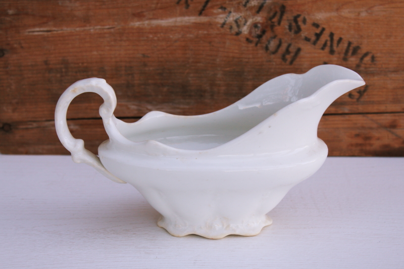antique white ironstone china gravy boat, Knowles semi vitreous backstamp early 1900s vintage