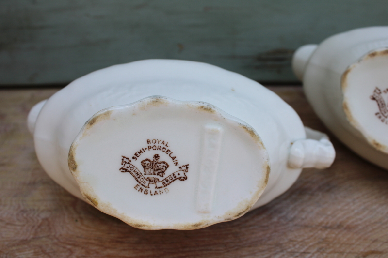 antique white ironstone china gravy boat pitchers, early 1900s vintage Johnson Bros
