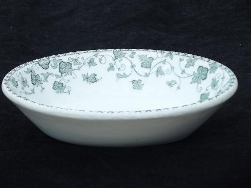 antique white ironstone china oval bowl, Victorian transferware green ivy