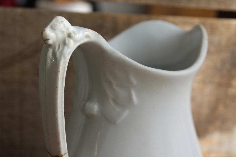antique white ironstone china pitcher or milk jug, lions head John Edwards England