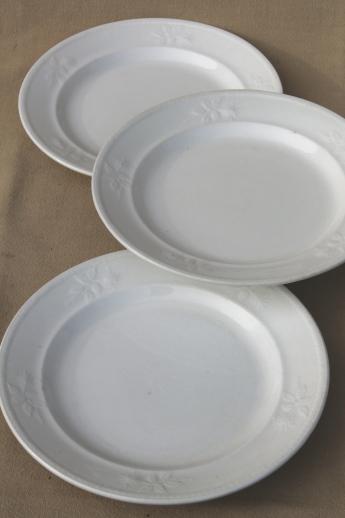 antique white ironstone china plates w/ rose leaf embossed border, 1869 Meakin England