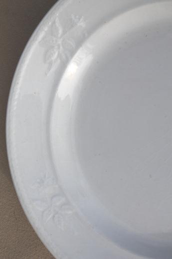 antique white ironstone china plates w/ rose leaf embossed border, 1869 Meakin England