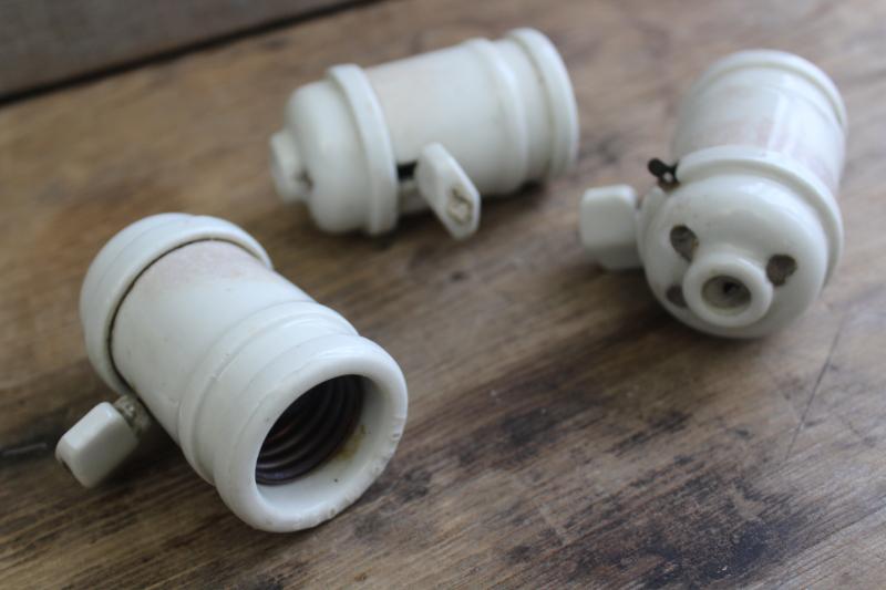 antique white ironstone industrial electric light bulb sockets w/ turn key paddle switches