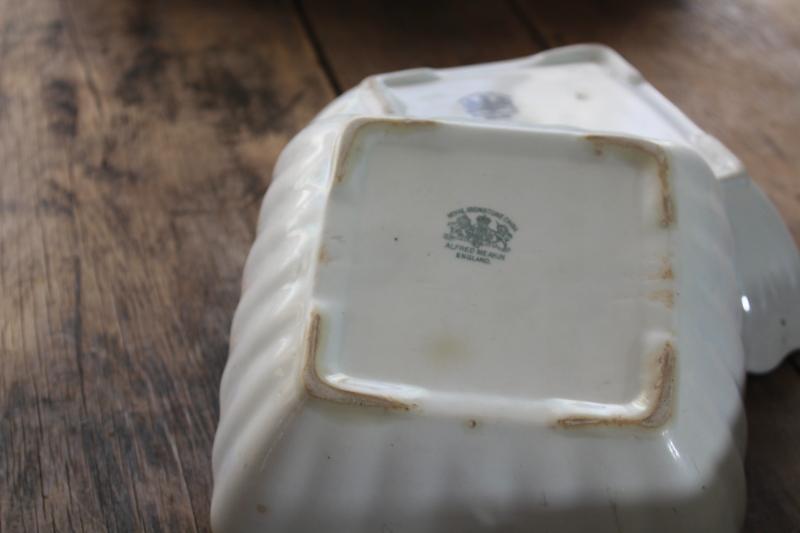 antique white ironstone ladyfinger fluted square bowls, turn of the century vintage farmhouse