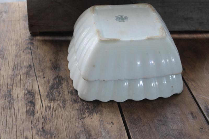 antique white ironstone ladyfinger fluted square bowls, turn of the century vintage farmhouse