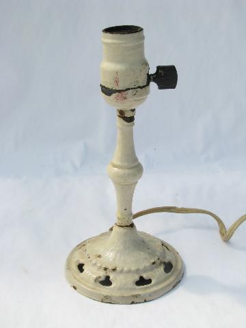 Antique White Metal Bedside Candlestick, Early Electric Table Lamps