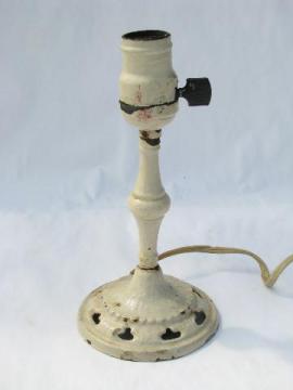 antique white metal bedside candlestick lamp, early electric vintage