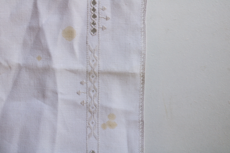 antique white work embroidered linen table runner Stag and Hounds filled outline hand stitching drawn thread