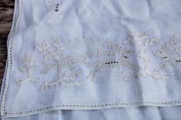 antique white work embroidered linen table runner Stag and Hounds filled outline hand stitching drawn thread